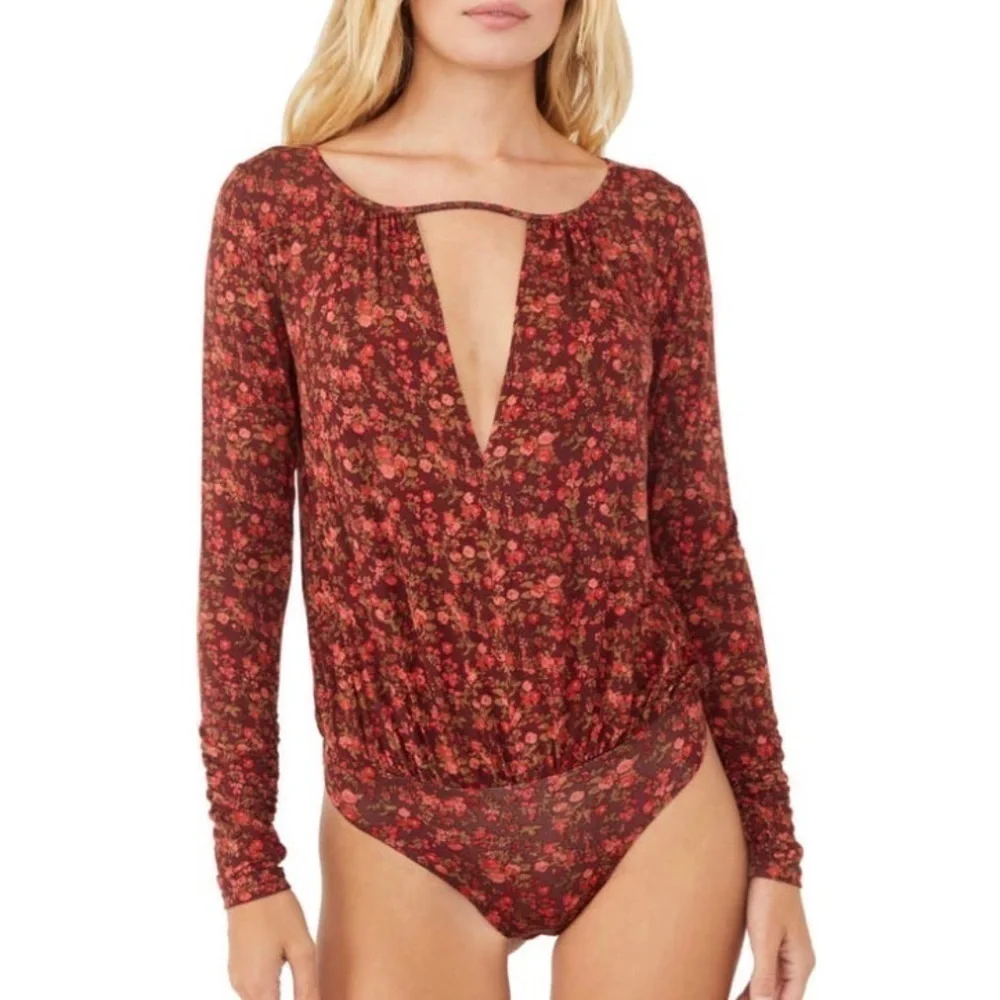 NWT Free People Kaya Floral Printed Keyhole Long Sleeve Ruched Bodysuit